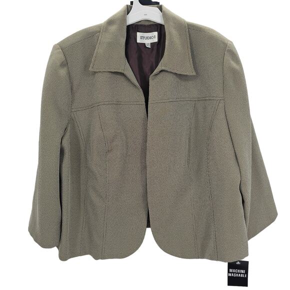 Studio I Womans size 20W Open Front Blazer Brown & White Twill Cropped Lined NEW - Picture 1 of 8